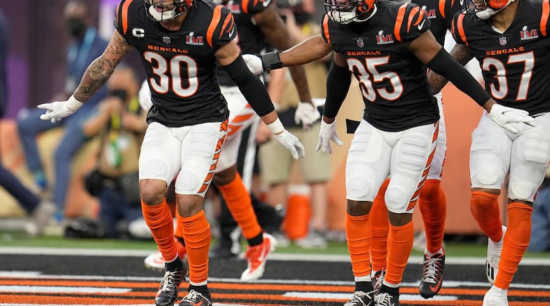 Cincinnati Bengals free safety Jessie Bates III (30) reacts after scoring a touchdown against the Los Angeles Rams during the first half of the NFL Super Bowl 56 football game Sunday, Feb. 13, 2022, in Inglewood, Calif. (AP Photo/Marcio Jose Sanchez)