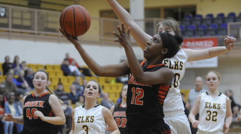 Beavercreek’s Keaira Youngblood scores. Beavercreek defeated Centerville 41-27 in a girls high school basketball D-I sectional semifinal at Vandalia-Butler on Wednesday, Feb. 22, 2017. MARC PENDLETON / STAFF