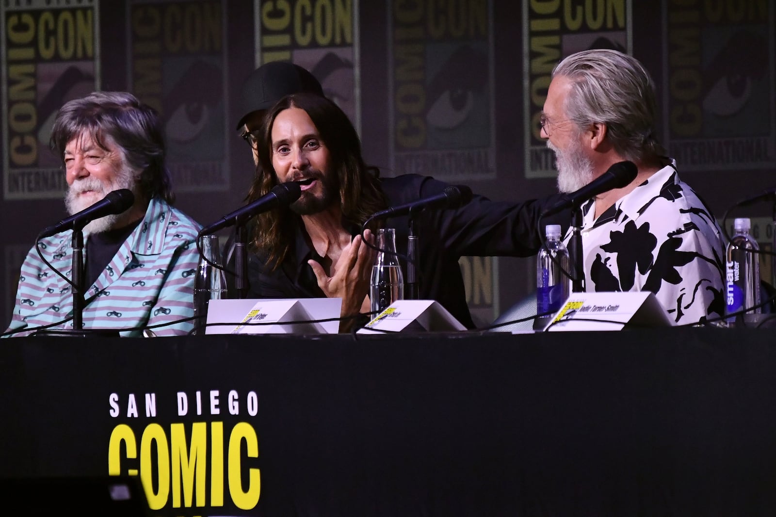 Writer Steven Lisberger, from left, Jared Leto, and Jeff Bridges attend a panel for "Tron: Ares" during Comic-Con International on Friday, July 25, 2025, in San Diego. (Photo by Richard Shotwell/Invision/AP)