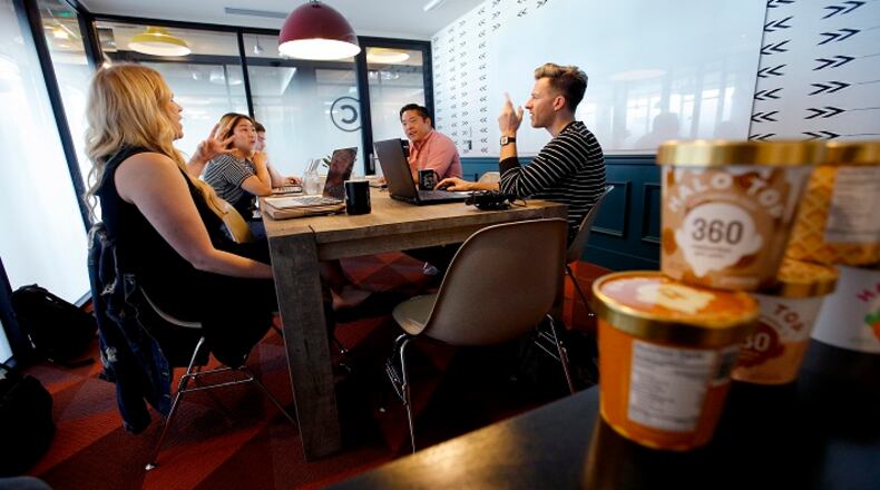 Halo Top doesn't have its own headquarters or manufacturing plants and holds staff meetings in a co-working space. Shown, from left, are Marjorie Brevadoro, Hanna Rosales, Ryan Bouton, Ken Lin and CEO Justin Woolverton. (kirk McKoy/Los Angels Times/TNS)