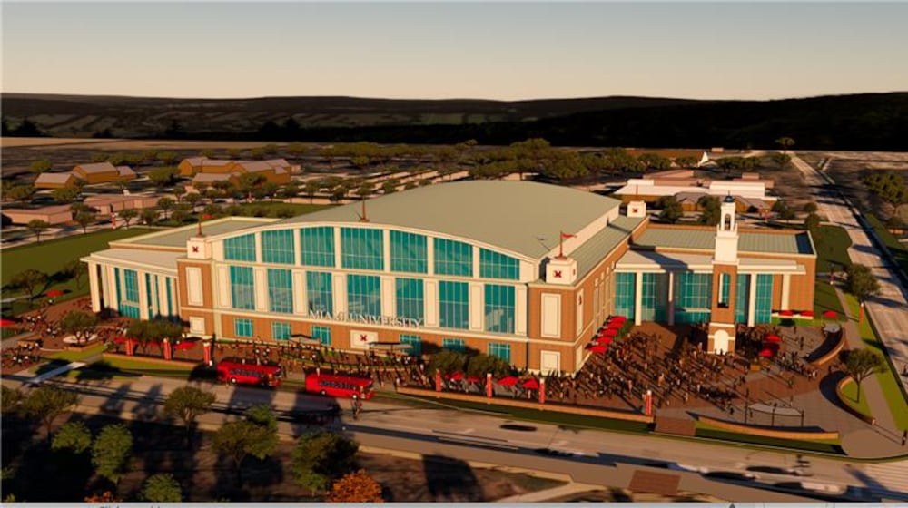 The status of a proposed $281 million sports arena on Miami University’s campus may be decided on Friday, said school officials, as Miami’s governing board of trustees are scheduled to vote on the project and its possible funding. Rendering shows aerial view looking east from central campus. (Provided)
