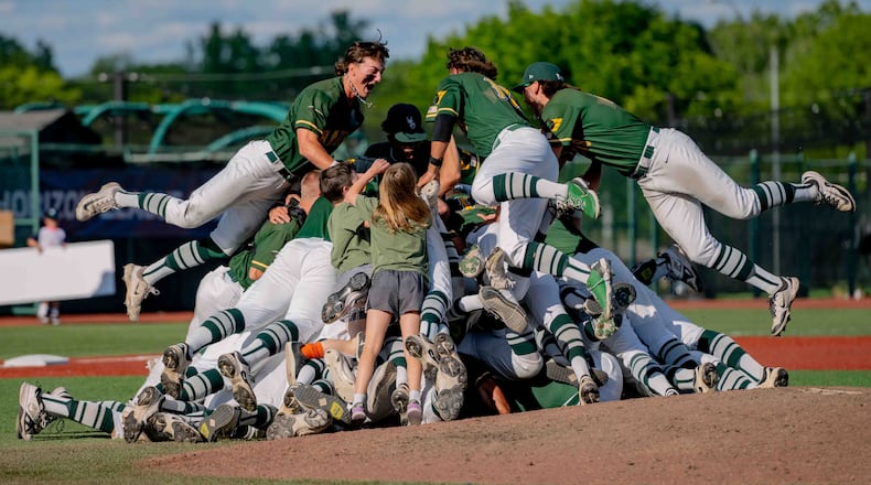 The Wright State University baseball team celebrates on the field after beating Milwaukee to win the Horizon League Conference Tournament on Saturday, May 24 at Nischwitz Stadium in Fairborn. WRIGHT STATE ATHLETICS / CONTRIBUTED PHOTO