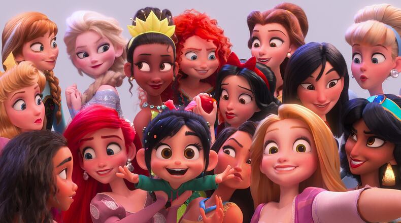 Vanellope von Schweetz (voiced by Sarah Silverman, center bottom) shares a selfie with her fellow Disney princesses in the sequel "Ralph Breaks the Internet."
