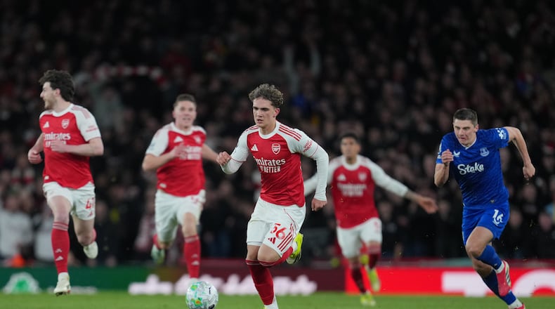 Arsenal's Max Dowman in action to scoreduring the English Premier League soccer match between Arsenal and Everton in London, England, Saturday, March 14, 2026. (AP Photo/Kin Cheung)