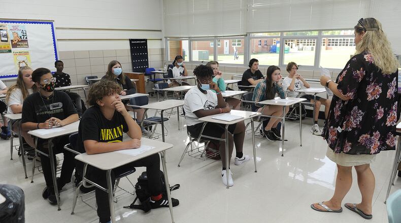 Kettering Middle School classroom on the first day of school last week. MARSHALL GORBY\STAFF