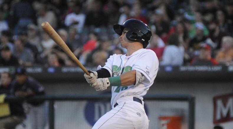 Dragons OF Stuart Fairchild. The Dragons defeated Lake County 10-9 at Fifth Third Field in Dayton on Thursday, April 12, 2018. MARC PENDLETON / STAFF