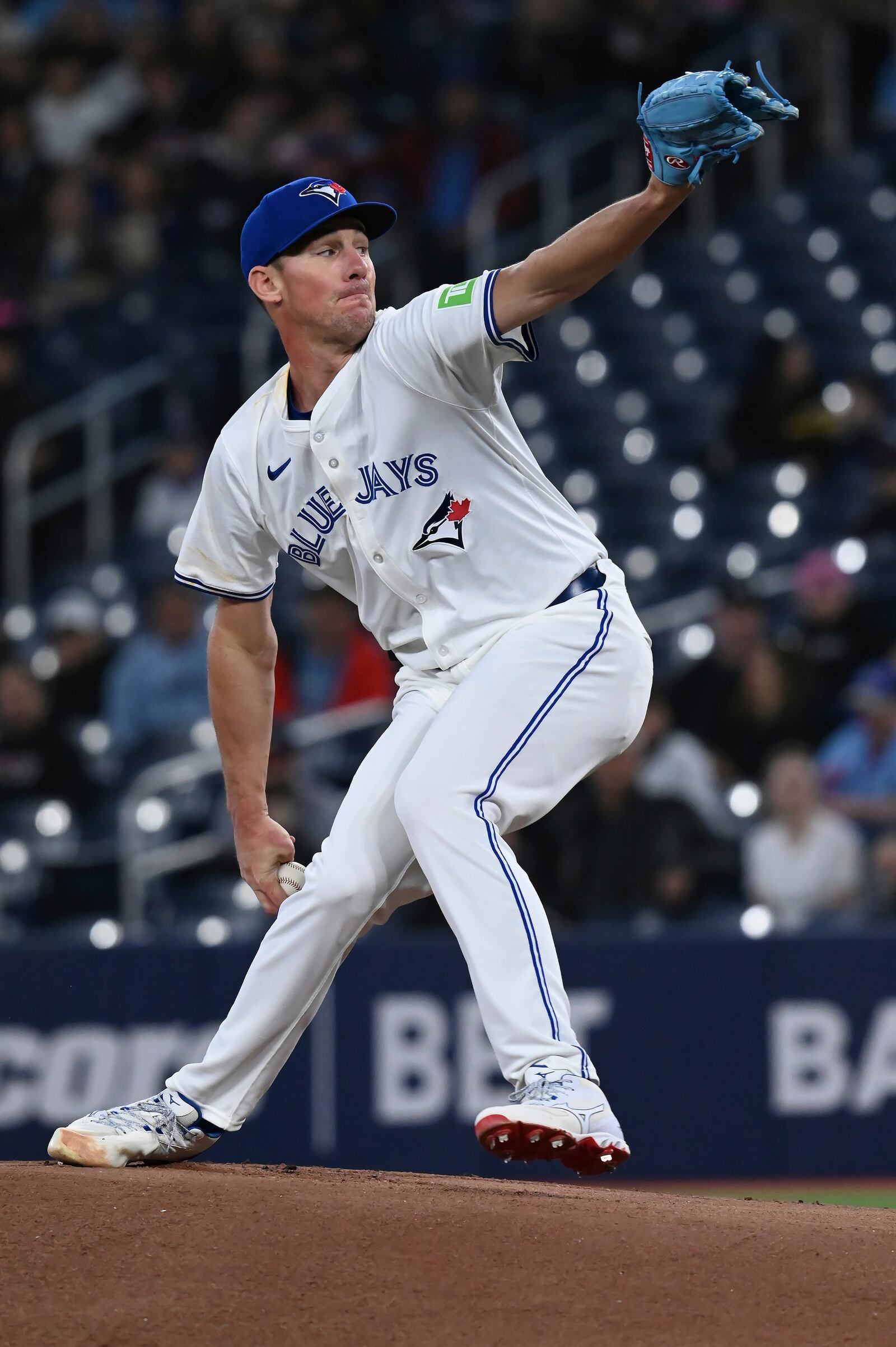 Toronto Blue Jays starting pitcher Chris Bassitt (40) throws to an Atlanta Braves batter in first inning baseball action in Toronto on Wednesday, April 16, 2025. (Jon Blacker/The Canadian Press via AP)