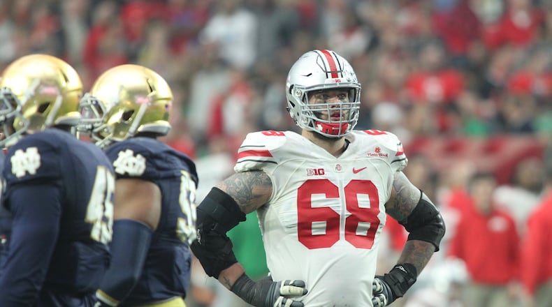 Ohio State’s Taylor Decker prepares for a play against Notre Dame in the Fiesta Bowl on Friday, Jan. 1, 2016, at University of Phoenix Stadium in Glendale, Ariz. David Jablonski/Staff