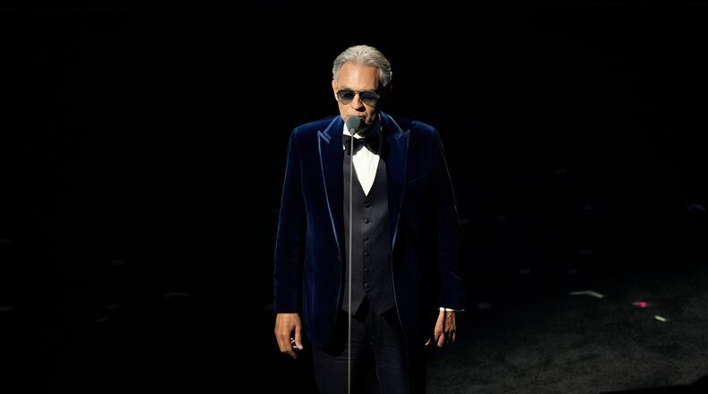 FILE - Singer Andrea Bocelli performs during the draw for the 2026 soccer World Cup at the Kennedy Center in Washington, Friday, Dec. 5, 2025. (AP Photo/Alex Brandon, File)