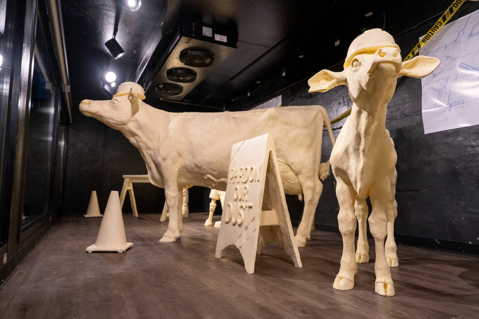 The iconic butter cow and calf sport hard hats in this year’s butter display at the Ohio State Fair. They stand alongside three construction workers, scaffolding, sawhorses and safety cones – all sculpted in butter. 