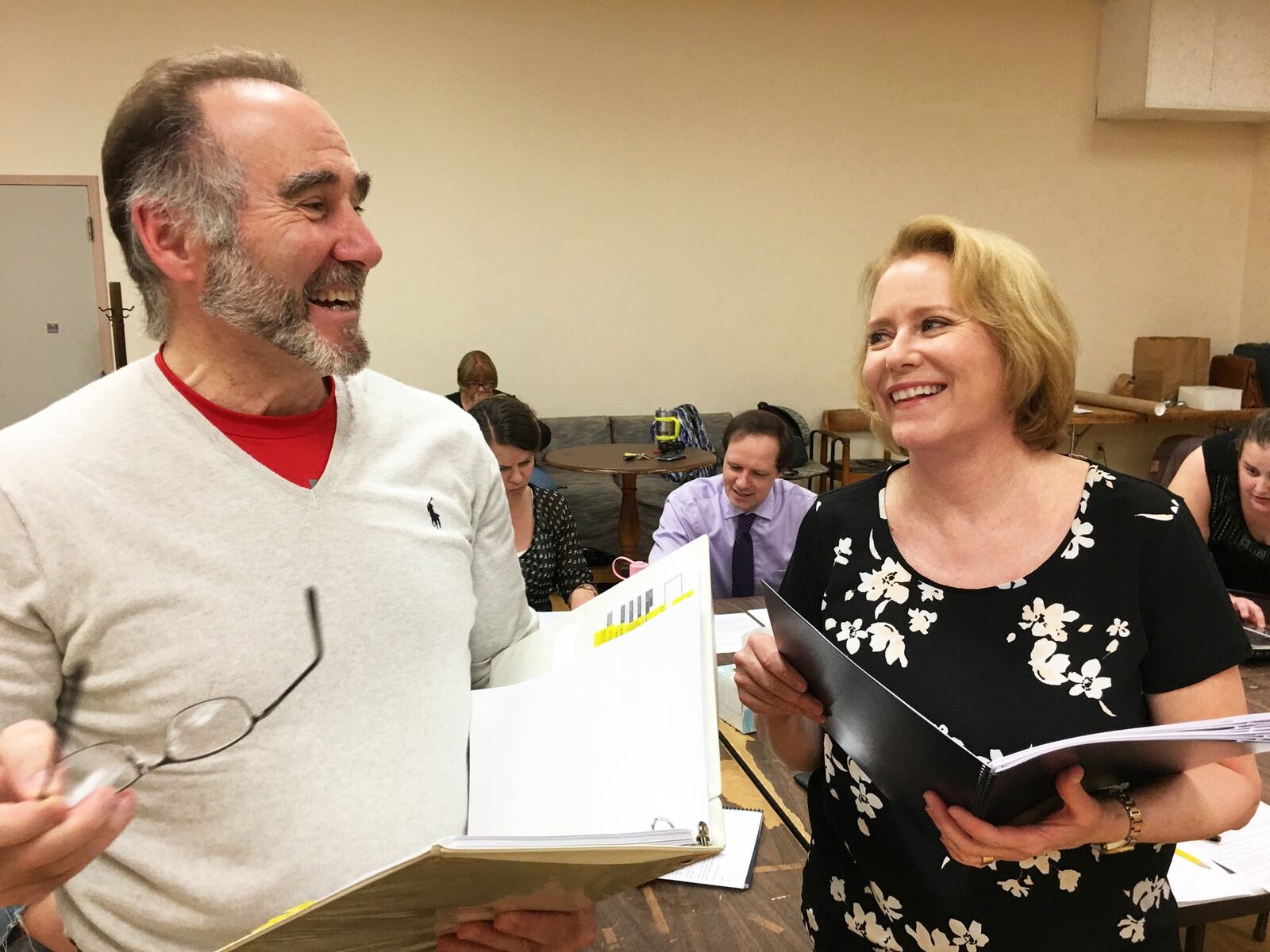 Lawrence Redmond as Steven Keaton and Eve Plumb as Elyse Keaton shown at rehearsal for “Family Ties.” Submitted photo.