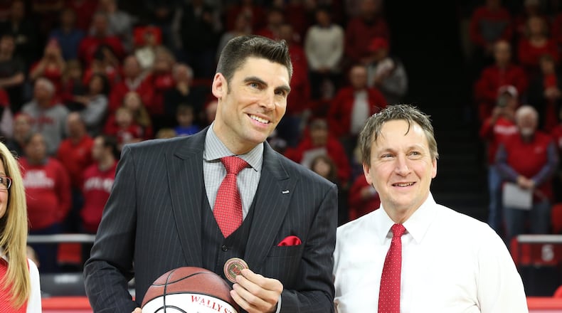 Miami AD David Sayler with Wally Szczerbiak on “Wally Night” in 2018 in Oxford. PHOTO COURTESY OF MIAMI UNIVERSITY