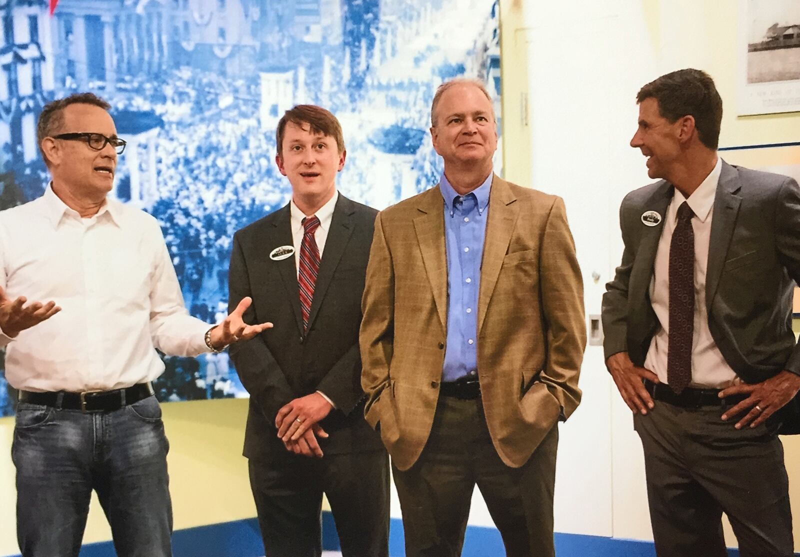 Actor Tom Hanks, Alex Heckman, vice-president of Dayton History, Stephen Wright and Brady Kress, president and CEO of Dayton History. CONTRIBUTED PHOTO