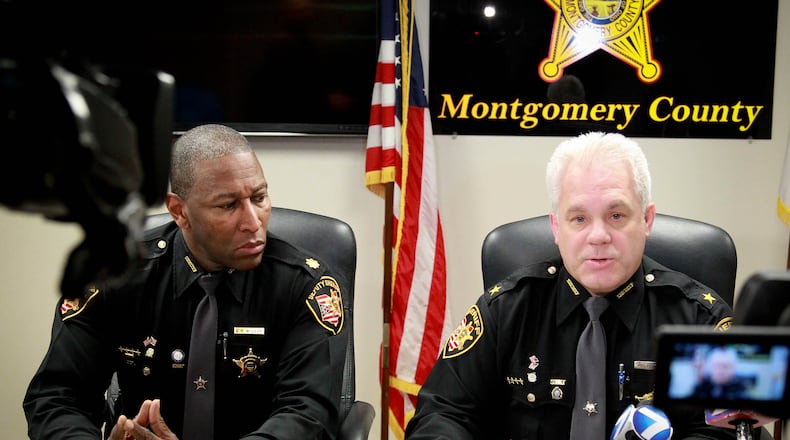 Two Montgomery County Sheriff’s deputies accused of sending racial text messages were terminated in February 2015. Sheriff Phil Plummer, right, and Major Daryl Wilson discussed the investigation during a press conference. JIM WITMER / STAFF