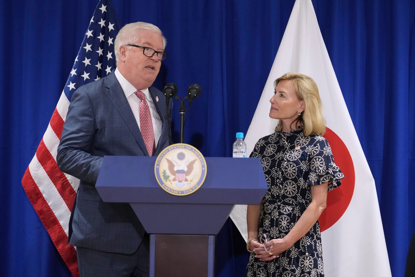 New U.S. Ambassador to Japan George Glass and his wife Mary attend a press conference after their arrival in Tokyo Friday, April 18, 2025. (Kazuhiro Nogi/Pool Photo via AP)