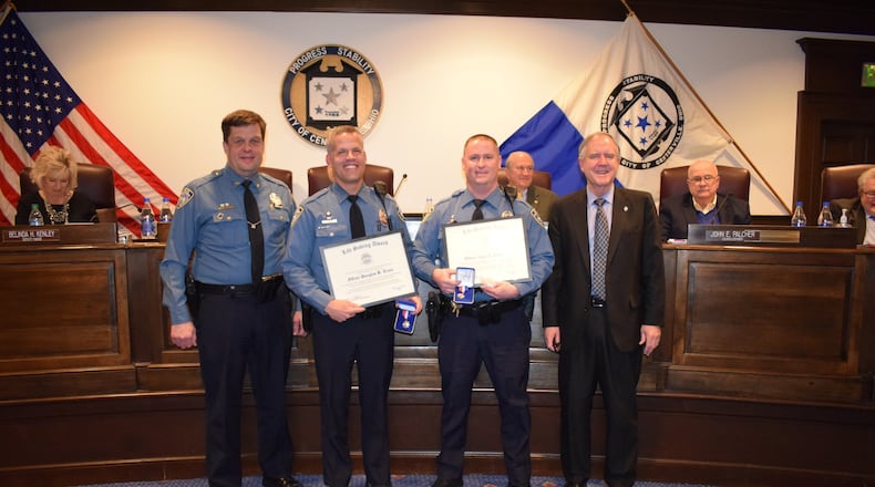 Centerville police officers honored at Monday, January 22, 2018 city council meeting for ‘brave’ and ‘life saving’ actions in 2017. CONTRIBUTED