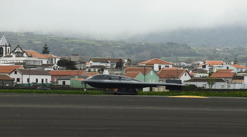 A B-2 Spirit assigned to Whiteman Air Force Base, Missouri, arrives at Lajes Field, Portugal, March 16 for a bomber task force mission. Strategic bomber missions are conducted periodically to enhance the readiness necessary to respond to challenges around the world. U.S. AIR FORCE PHOTO/TECH SGT. HEATHER SALAZAR