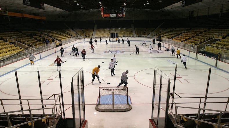 Professional hockey returned to Hara Arena with an exhibition game between the Dayton Gems and Toledo Walleye. Here, the Gems practiced. Photo: Chris Stewart, staff