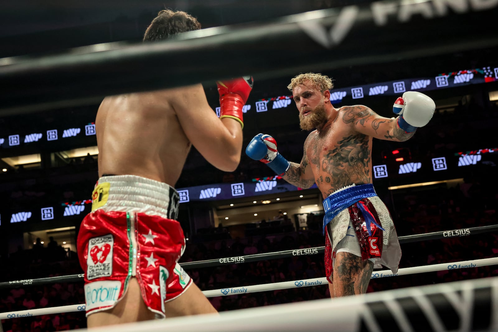 Jake Paul reacts during his cruiserweight boxing match against Julio Cesar Chavez Jr. on Saturday, June 28, 2025, in Anaheim, Calif. (AP Photo/Etienne Laurent)