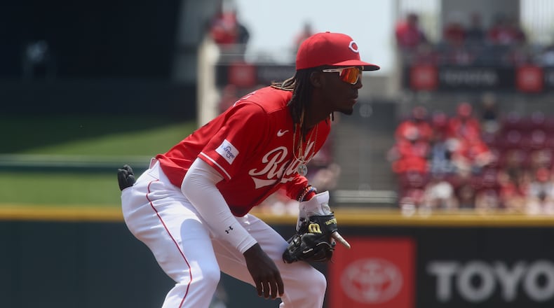 Elly De La Cruz, of the Reds, plays third base against the Dodgers on Thursday, June 8, 2023, at Great American Ball Park in Cincinnati. David Jablonski/Staff