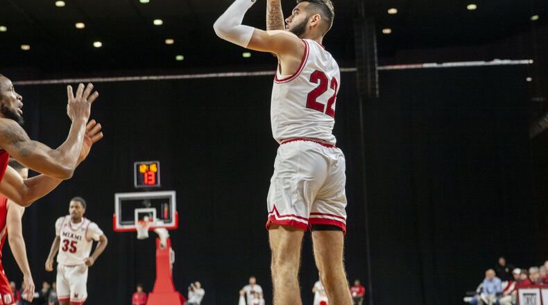 Miami’s Elijah McNamara puts up a shot against Bradley during Saturday’s game at Millett Hall. Miami University photo
