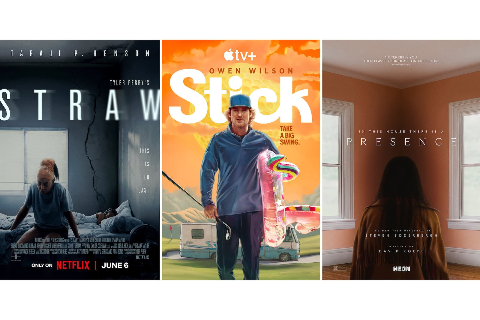 This combination of images shows promotional art for the film "Straw," left, the series "Stick," center, and the film "Presence." (Netflix/Apple TV+/Neon via AP)