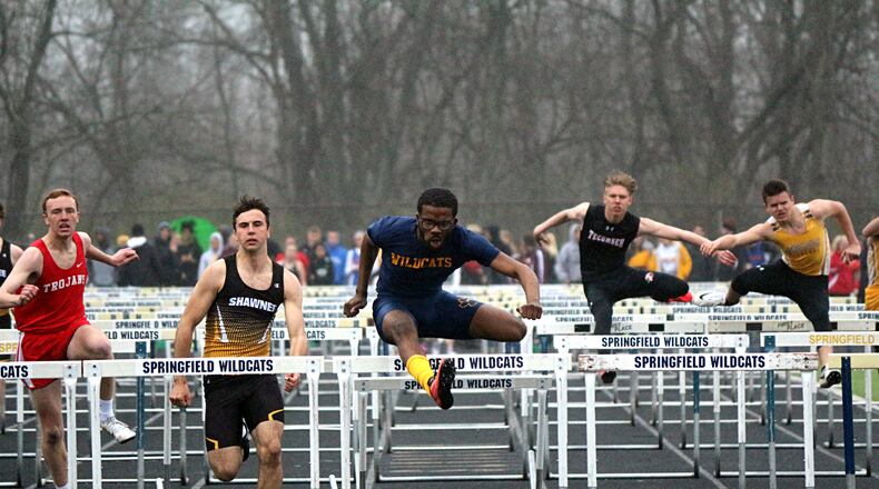 Springfield junior Austin Tyree (center) qualified for the Division I state track and field championships in both the 300-meter hurdles and the 400 relay team along with senior Quincy Scott, senior Jacob Yost and junior Mike Brown. GREG BILLING / CONTRIBUTED