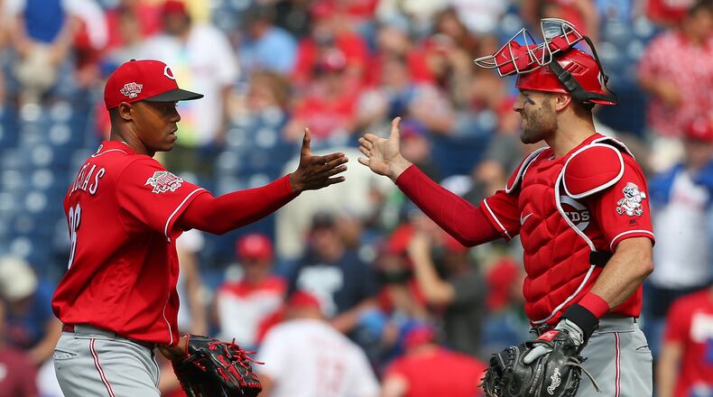 PHILADELPHIA, PA - JUNE 09: Closer Raisel Iglesias #26 and catcher Curt Casali #12 of the Cincinnati Reds celebrate after the final out against the Philadelphia Phillies at Citizens Bank Park on June 9, 2019 in Philadelphia, Pennsylvania. The Reds defeated the Phillies 4-3. (Photo by Rich Schultz/Getty Images)