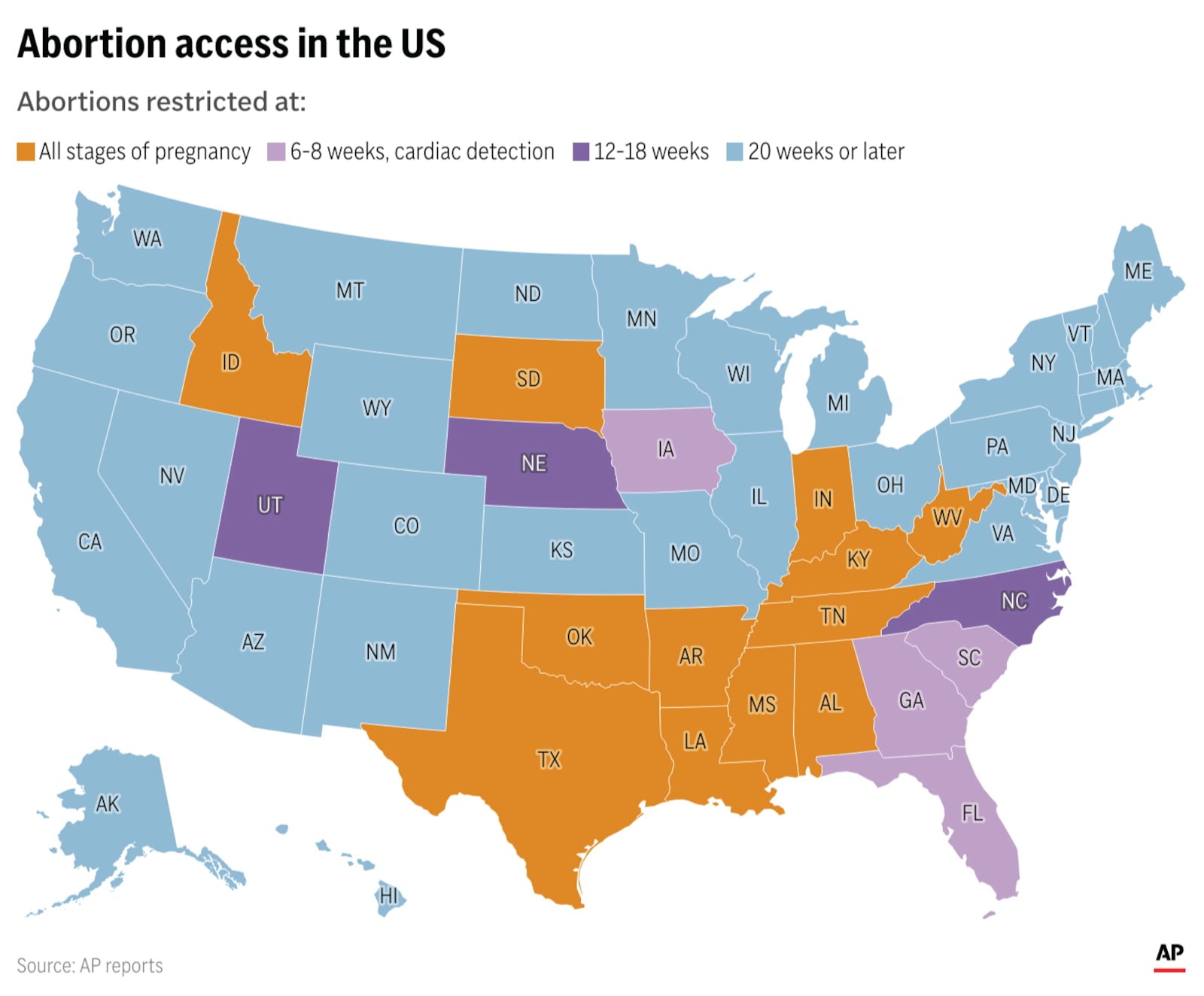 The status of abortion access across the states. (AP Digital Embed)