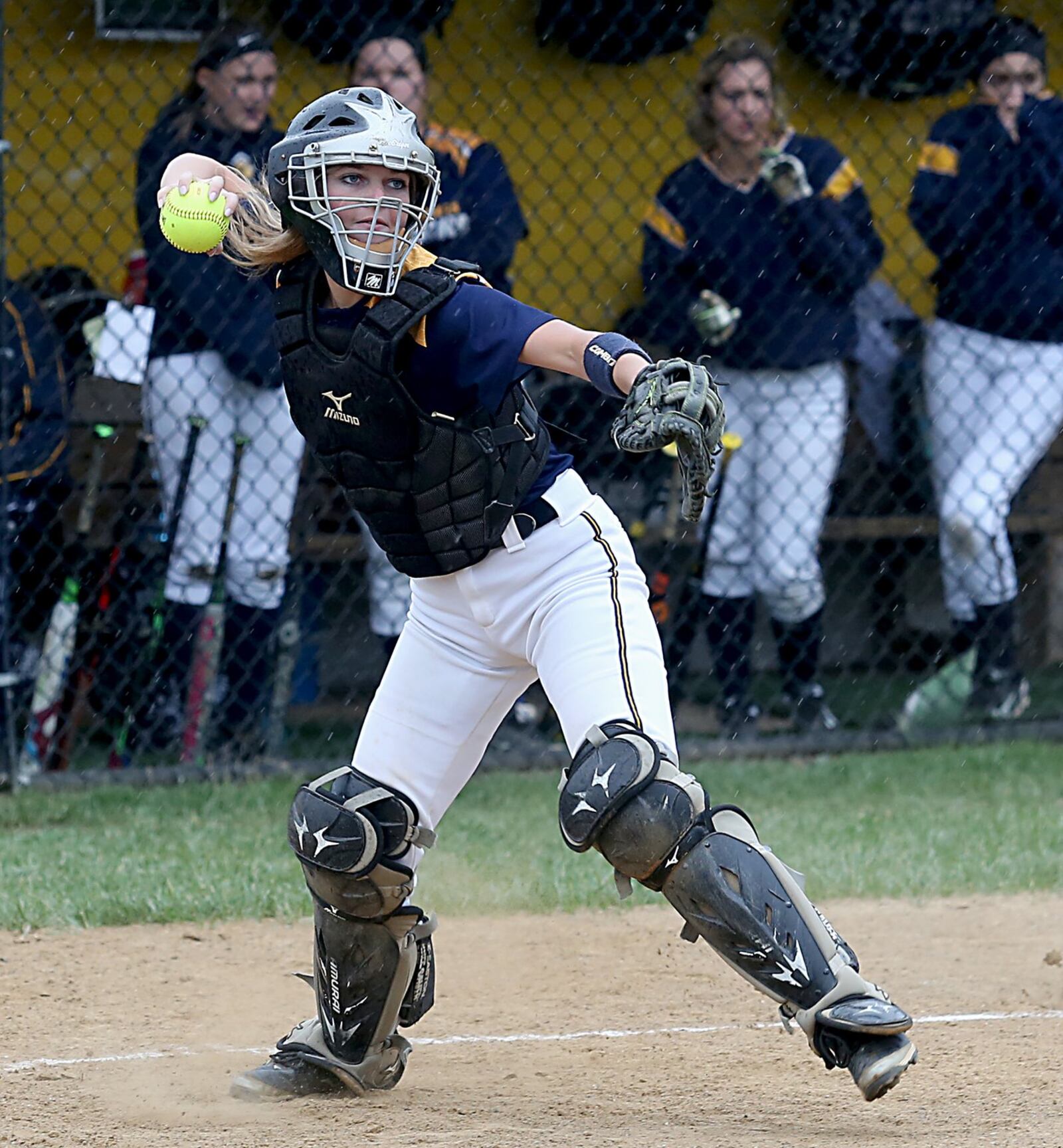 Monroe catcher Sarah Eschmeyer handles a Franklin bunt during Wednesday’s game at Monroe. CONTRIBUTED PHOTO BY E.L. HUBBARD