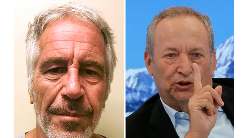 This combo shows Jeffrey Epstein, left, and U.S. economist Larry Summers. (New York State Sex Offender Registry via AP/Michel Euler)