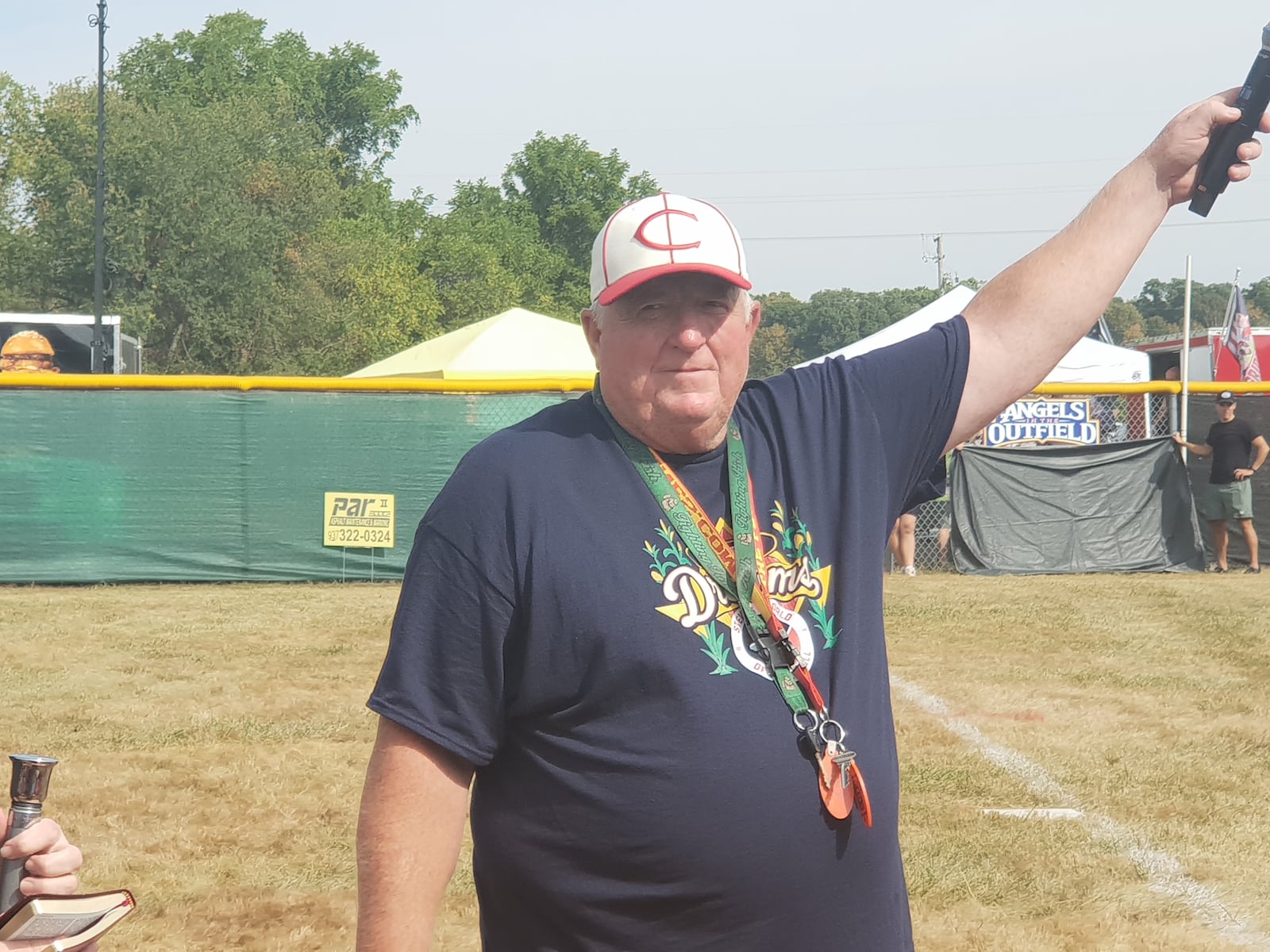 Event organizer John Leep shares a moment with the crowd during the opening ceremony of the 20th annual Stevie’s World Wiffleball fundraiser. CONTRIBUTED