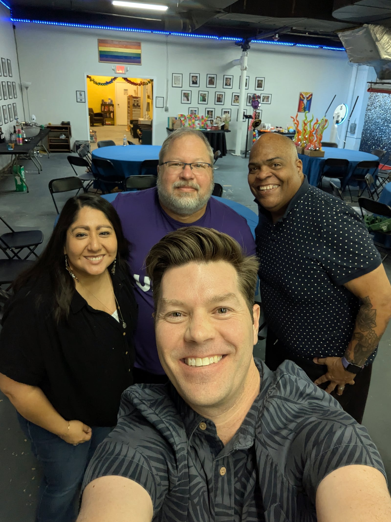 Rick Flynn (rear, second from left) at his surprise 60th birthday party in 2025. Left to Right (rear) Sandra Kallenberg, Flynn, Robert Waldron. Front Danny Kallenberg. CONTRIBUTED