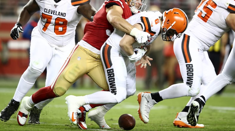 SANTA CLARA, CALIFORNIA - OCTOBER 07: Nick Bosa #97 of the San Francisco 49ers sacks Baker Mayfield #6 of the Cleveland Browns and forces a fumble at Levi's Stadium on October 07, 2019 in Santa Clara, California. (Photo by Ezra Shaw/Getty Images)