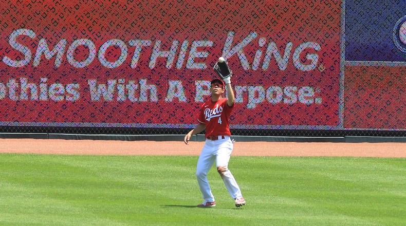 Reds left fielder Shogo Akiyama makes a catch against the Tigers on Sunday, July 26, 2020, at Great American Ball Park in Cincinnati. David Jablonski/Staff
