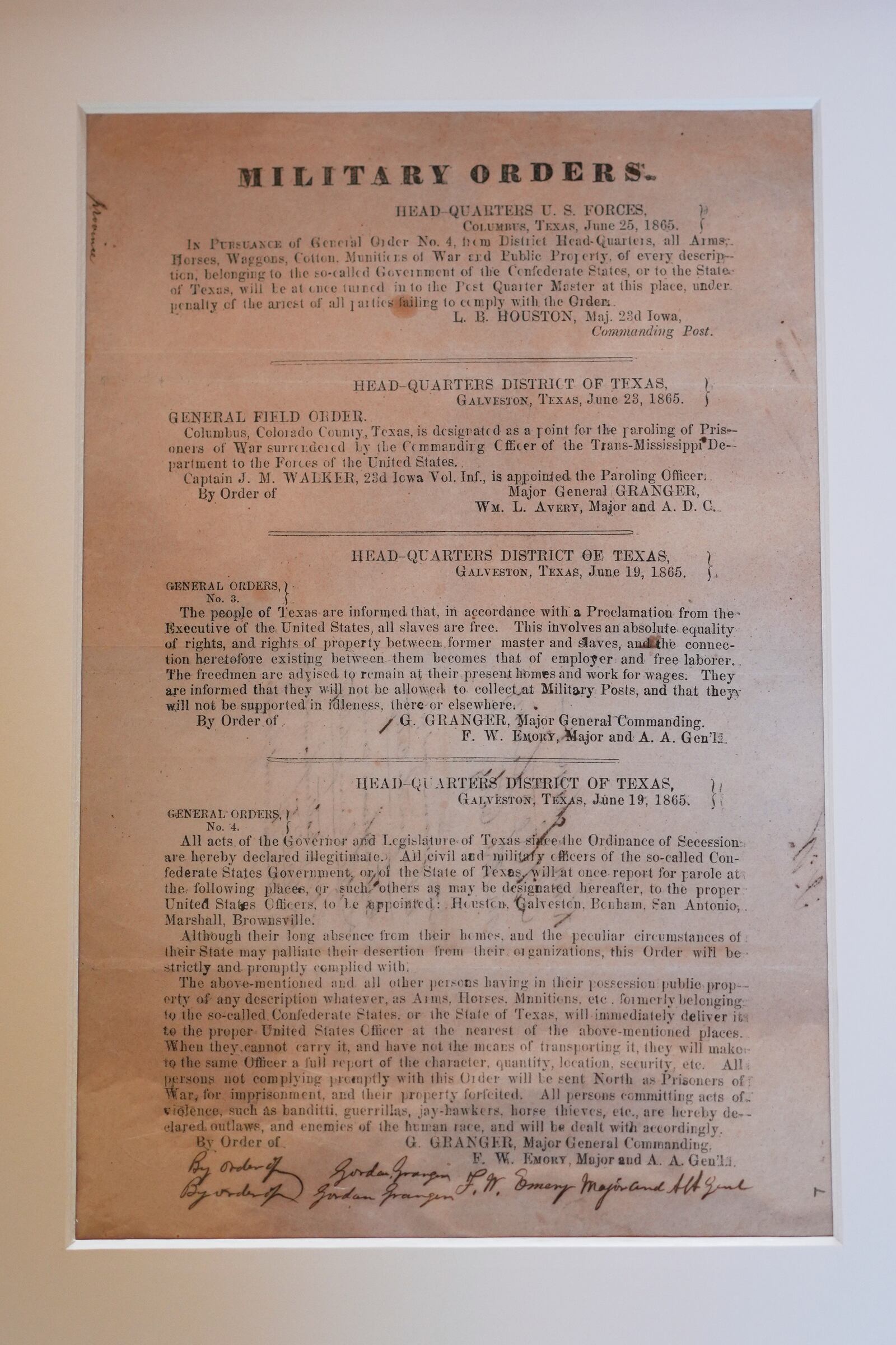 A view of the 1865 Juneteenth General Order No. 3 that is displayed by the Dallas Historical Society at the Fair Park Hall of State in Dallas, Friday, June 6, 2025. (AP Photo/LM Otero)