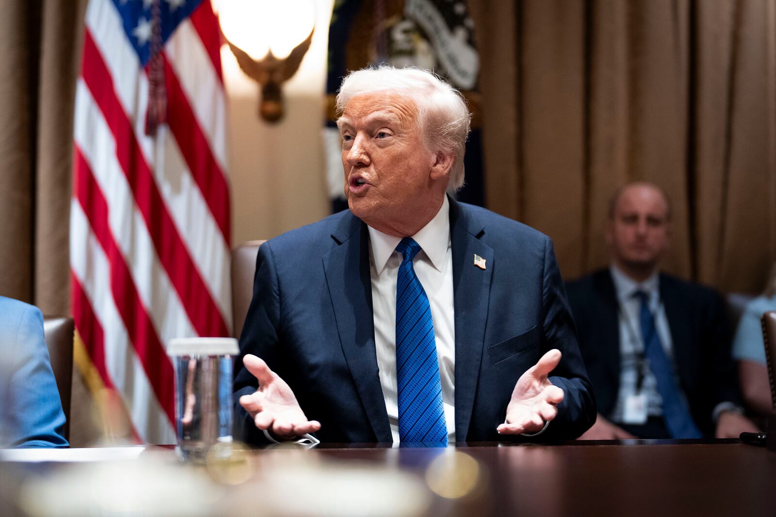 
                        President Donald Trump makes remarks during an ambassador meeting in the Cabinet Room of the White House in Washington, on Tuesday, March 25, 2025. Trump, like the rest of the administration on Tuesday, downplayed the significance of the Signal chat leak. (Doug Mills/The New York Times)
                      