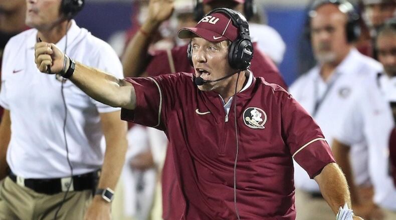 FSU head coach Jimbo Fisher yells during the Florida State versus University of Mississippi college football game at Camping World Stadium in Orlando on Monday, September 5, 2016. (Stephen M. Dowell/Orlando Sentinel/TNS)