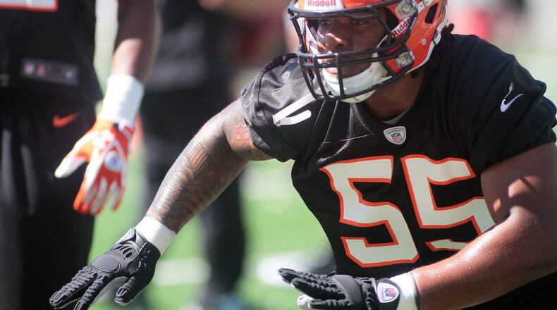 Cincinnati Bengals linebacker Vontaze Burfict works a drill during rookie minicamp at Paul Brown Stadium in Cincinnati.