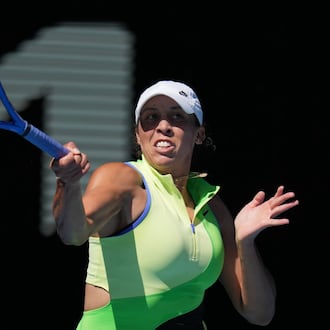 Madison Keys of the U.S. plays a forehand return to Karolina Pliskova of the Czech Republic during their third round match at the Australian Open tennis championship in Melbourne, Australia, Saturday, Jan. 24, 2026. (AP Photo/Dita Alangkara)