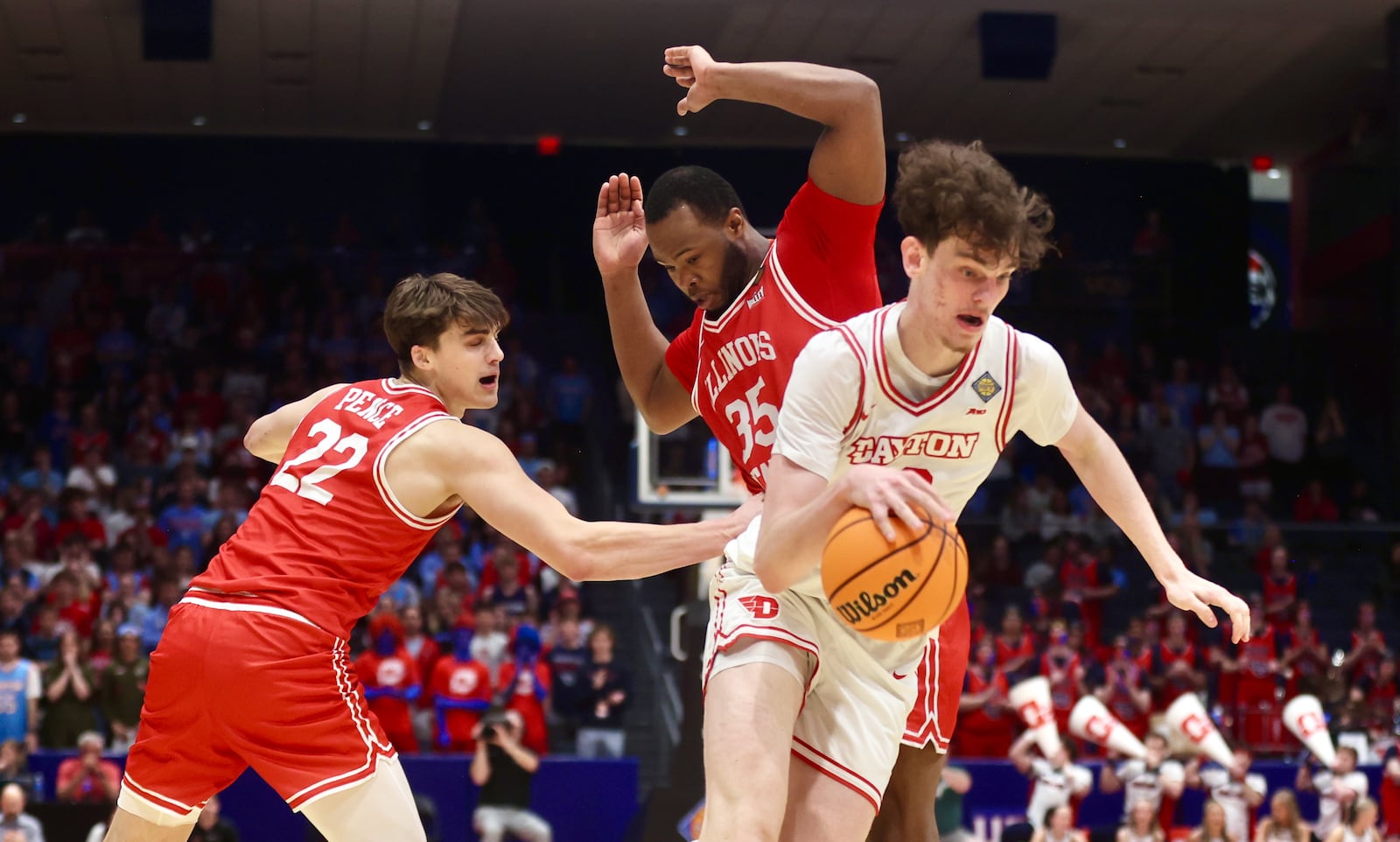 Dayton's Amaël L'Etang looks for a shot against Illinois State in the quarterfinals of the National Invitation Tournament on Wednesday, March 25, 2026, at UD Arena. David Jablonski/Staff