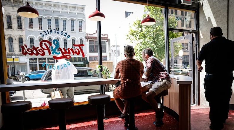 Tony & Pete’s in Dayton’s Fire Blocks District has partnered with Ayoh! Foods for a limited-time sandwich featuring Molly Baz’s dill pickle mayo. JIM NOELKER/STAFF
