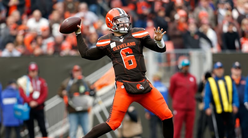 CLEVELAND, OH - NOVEMBER 10: Baker Mayfield #6 of the Cleveland Browns throws a pass during the first quarter of the game against the Buffalo Bills at FirstEnergy Stadium on November 10, 2019 in Cleveland, Ohio. (Photo by Kirk Irwin/Getty Images)
