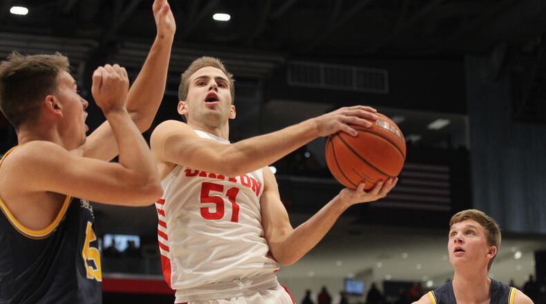 Dayton's Drew Swerlein shoots against Cedarville in an exhibition game on Saturday, Nov. 2, 2019, at UD Arena.