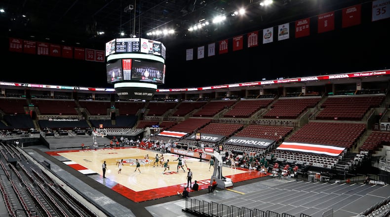Cleveland State plays against Ohio State during the first half of an NCAA college basketball game with no fans in the stands at Value City Arena Sunday, Dec. 13, 2020, in Columbus, Ohio. (AP Photo/Jay LaPrete)