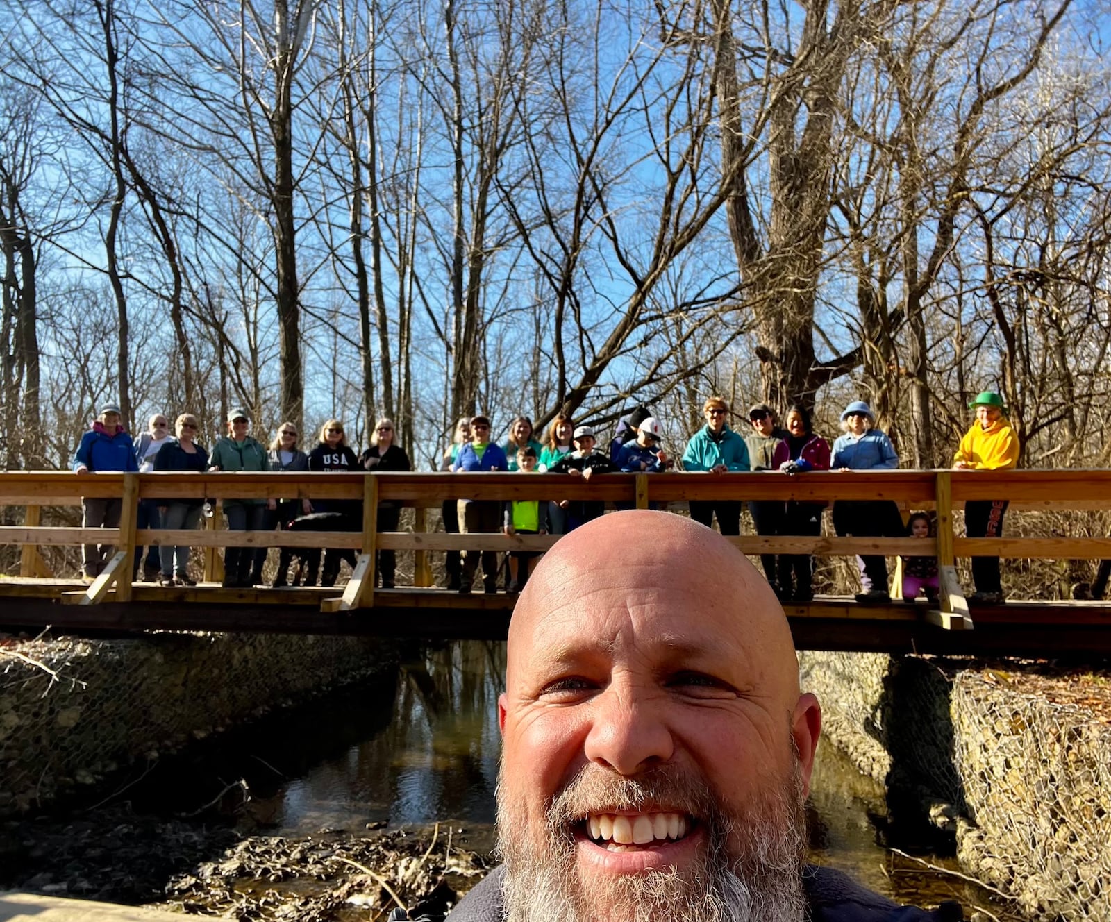 Greene County Parks & Trails operations manager Rick Inman (in the forefront) adds the fun to fitness for the Wellness Walkers. CONTRIBUTED