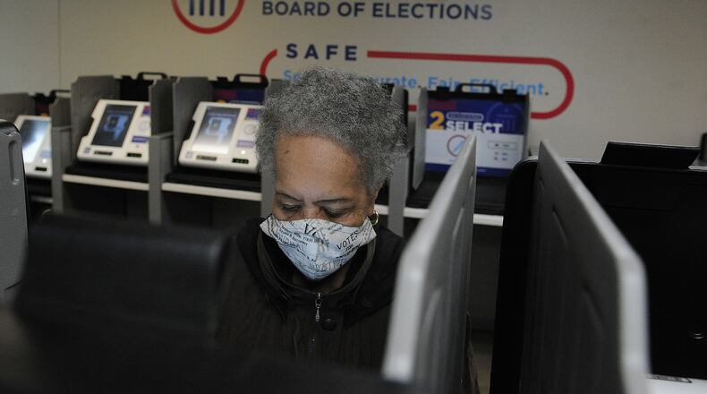 Wilma Blackmon votes Wednesday, April 20, 2022 at the Montgomery County Board of Elections. MARSHALL GORBY\STAFF