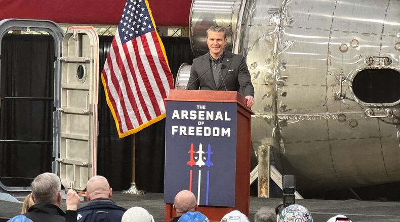 Defense Secretary Pete Hegseth speaks at the Bath Iron Works in Bath, Maine, Monday, Feb. 9, 2026. (AP Photo/Patrick Whittle)