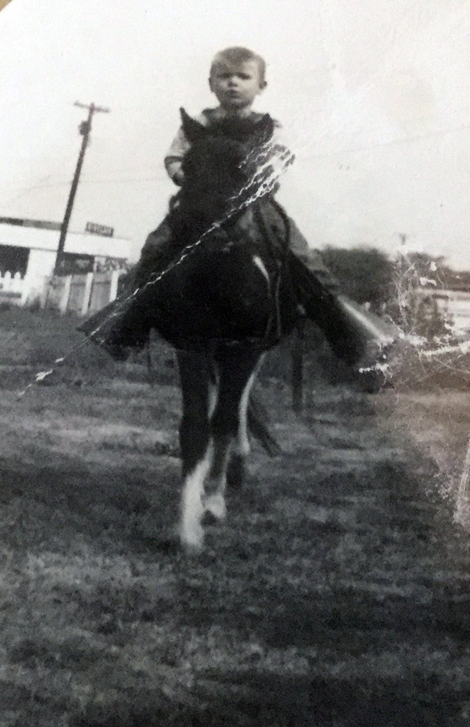 Doug Sorrell at age 3 on the pony his grandfather and his parents bought him to help build confidence after he was born with an injured left arm. He continued riding "Calico" throughout his childhood in Miamisburg