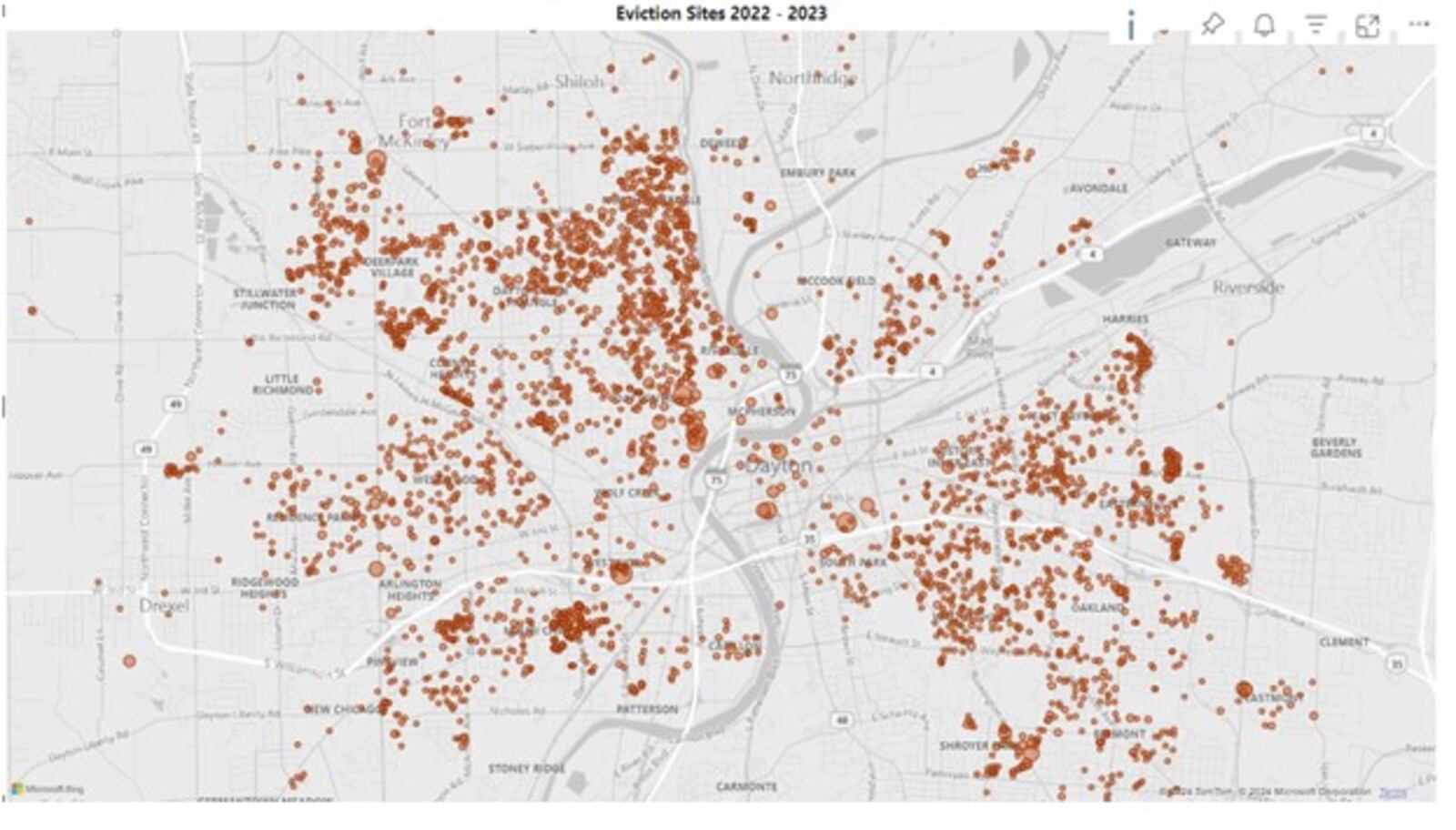 A map showing eviction sites in 2022 and 2023 that was provided by the Dayton Municipal Court. CONTRIBUTED